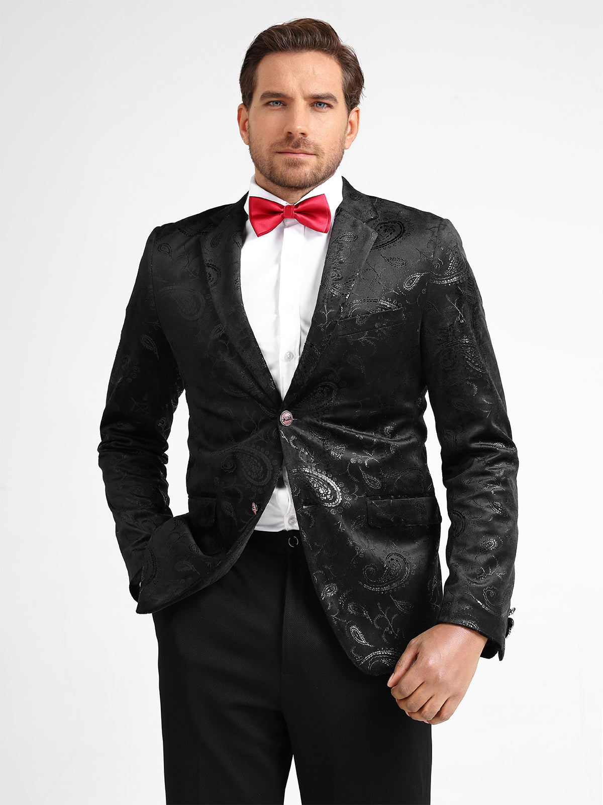 Black # Men's single-breasted floral blazer with notched lapel and center vent, black dress sport coat featuring hot stamping floral print for party, prom, banquet, show and special occasions, isolated on white background.