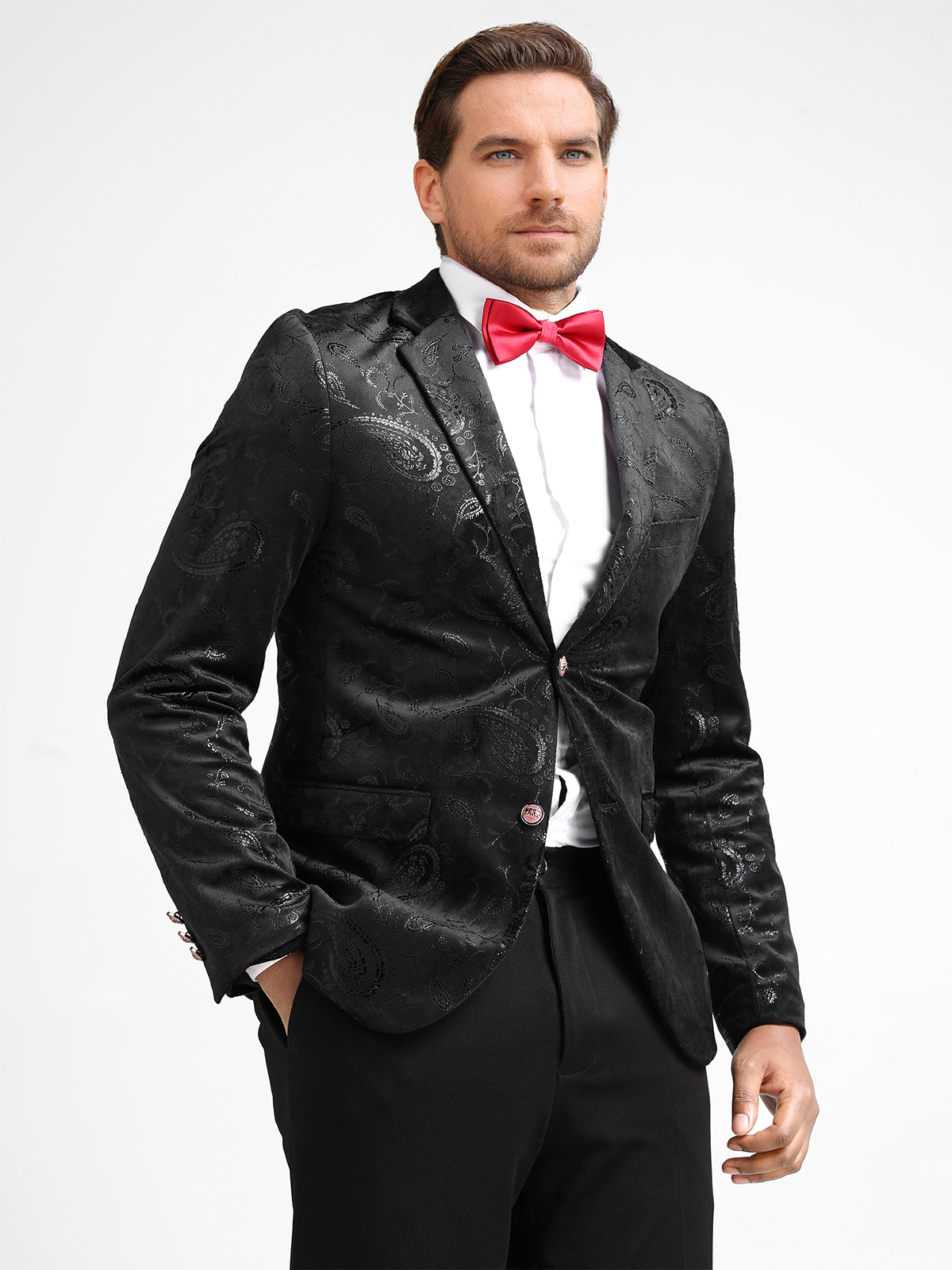Black # Men's single-breasted floral blazer with notched lapel and center vent, black dress sport coat featuring hot stamping floral print for party, prom, banquet, show and special occasions, isolated on white background.