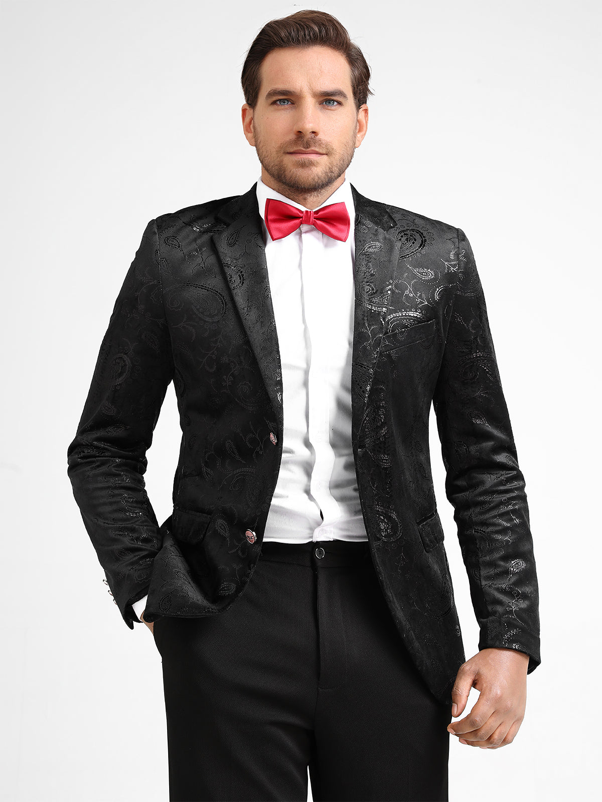 Black # Men's single-breasted floral blazer with notched lapel and center vent, black dress sport coat featuring hot stamping floral print for party, prom, banquet, show and special occasions, isolated on white background.