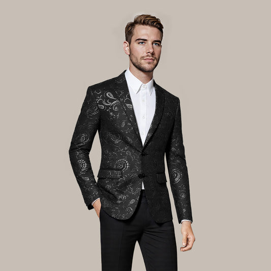 Black # Men's single-breasted floral blazer with notched lapel and center vent, black dress sport coat featuring hot stamping floral print for party, prom, banquet, show and special occasions, isolated on white background.