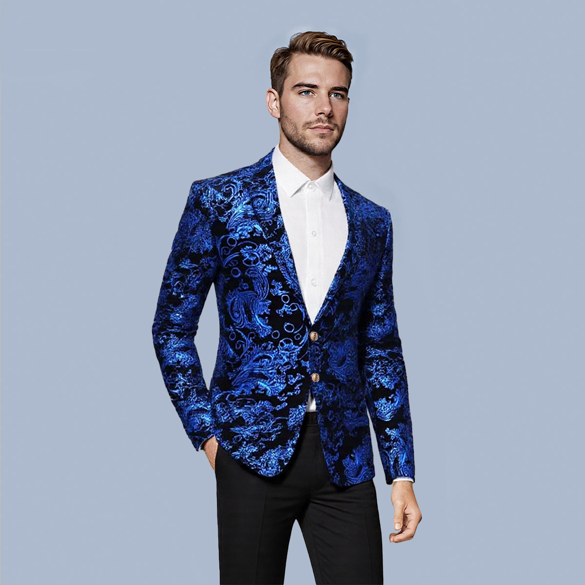 Blue # Men's single-breasted floral blazer with notched lapel and center vent, blue dress sport coat featuring hot stamping floral print for party, prom, wedding, banquet and special occasions, isolated on white background.