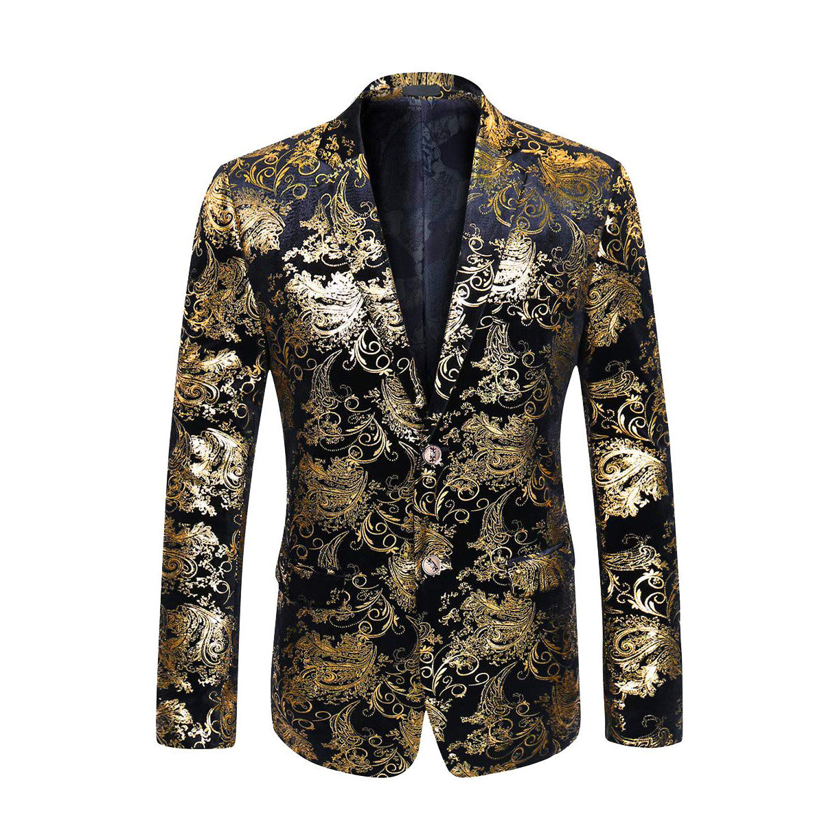 Gold # Men's single-breasted floral blazer with notched lapel and center vent, gold dress sport coat featuring hot stamping floral print for party, prom, wedding, banquet and special occasions, isolated on white background.