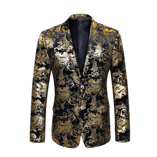 Gold # Men's single-breasted floral blazer with notched lapel and center vent, gold dress sport coat featuring hot stamping floral print for party, prom, wedding, banquet and special occasions, isolated on white background.