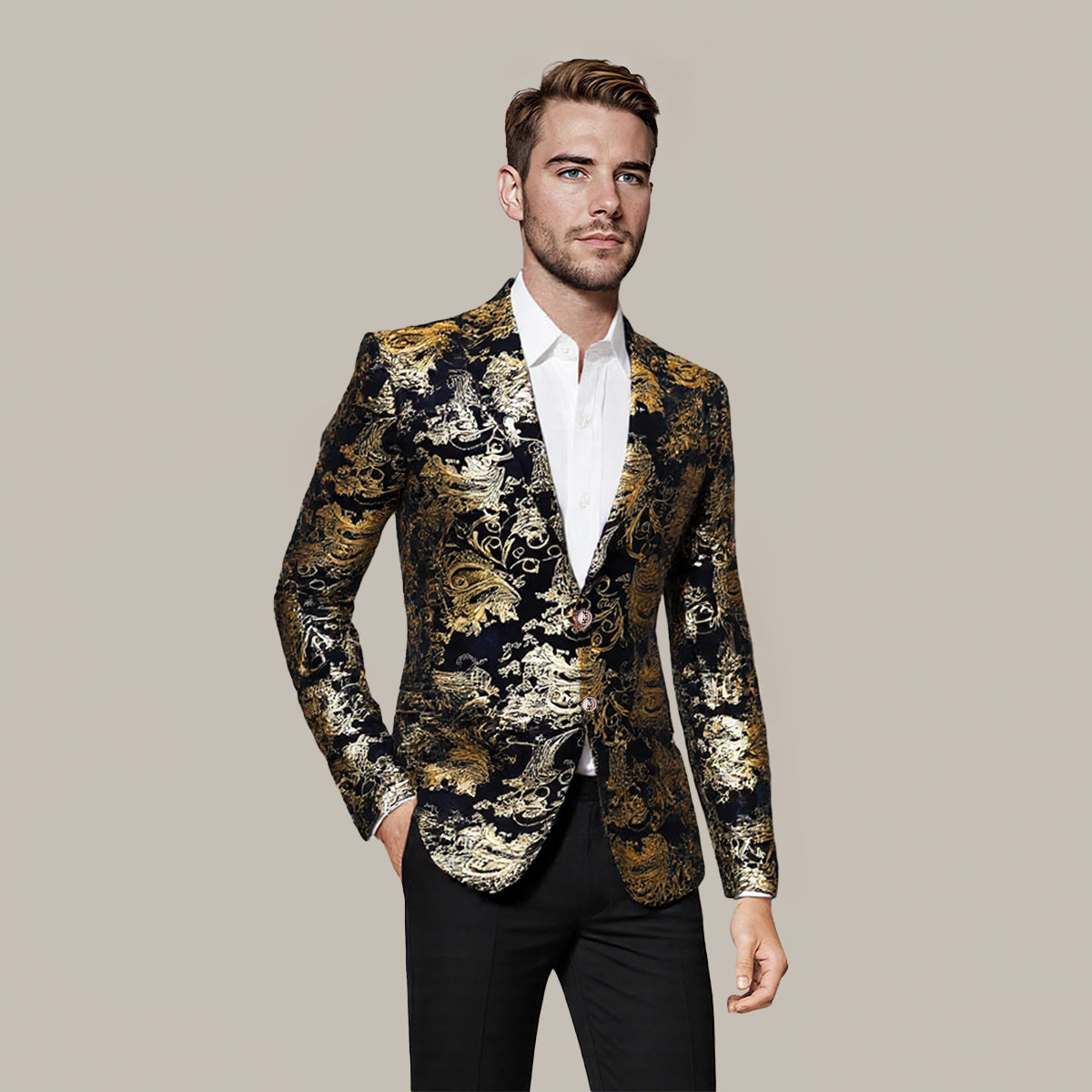 Gold # Men's single-breasted floral blazer with notched lapel and center vent, gold dress sport coat featuring hot stamping floral print for party, prom, wedding, banquet and special occasions, isolated on white background.