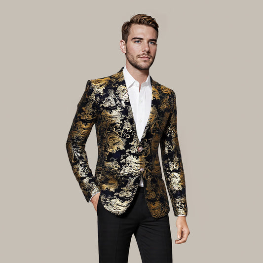Gold # Men's single-breasted floral blazer with notched lapel and center vent, gold dress sport coat featuring hot stamping floral print for party, prom, wedding, banquet and special occasions, isolated on white background.