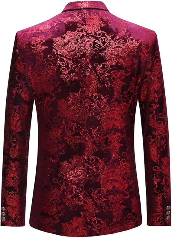 Red Gold # Men's single-breasted floral blazer with notched lapel and center vent, red gold dress sport coat featuring hot stamping floral print for party, prom, wedding, banquet and special occasions, isolated on white background.