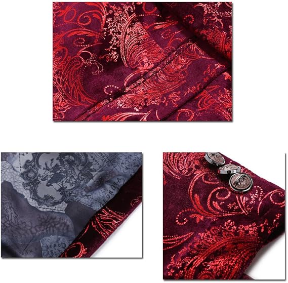 Red Gold # Men's single-breasted floral blazer with notched lapel and center vent, red gold dress sport coat featuring hot stamping floral print for party, prom, wedding, banquet and special occasions, isolated on white background.