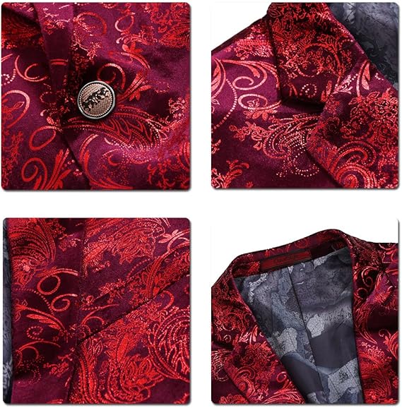 Red Gold # Men's single-breasted floral blazer with notched lapel and center vent, red gold dress sport coat featuring hot stamping floral print for party, prom, wedding, banquet and special occasions, isolated on white background.