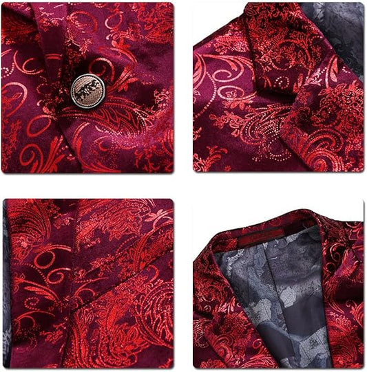 Red Gold # Men's single-breasted floral blazer with notched lapel and center vent, red gold dress sport coat featuring hot stamping floral print for party, prom, wedding, banquet and special occasions, isolated on white background.