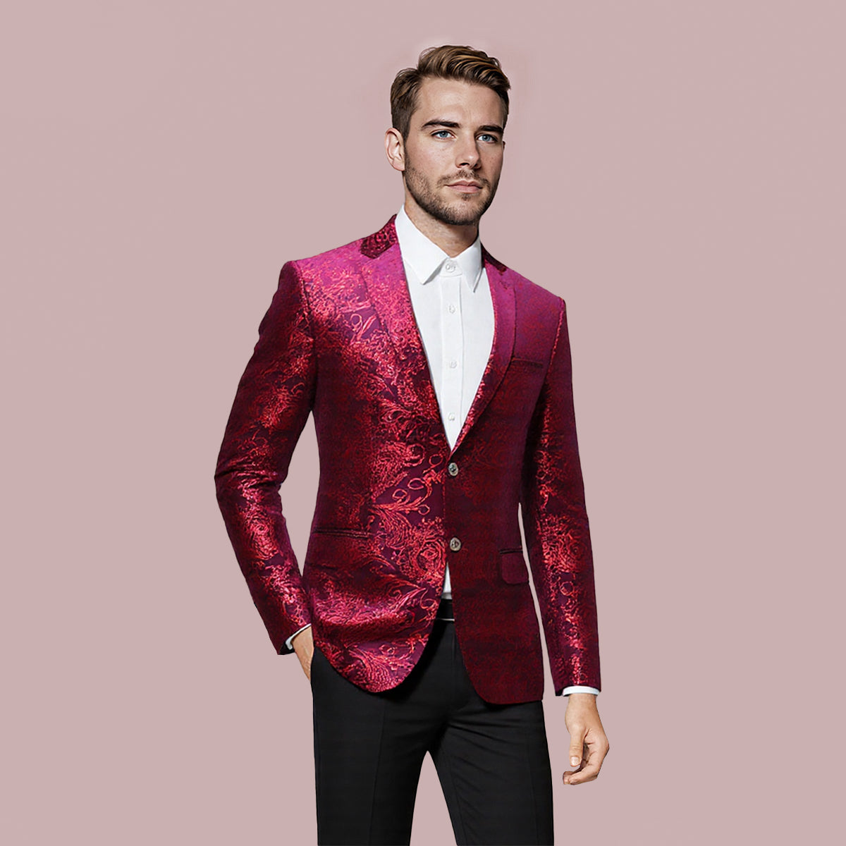 Red Gold # Men's single-breasted floral blazer with notched lapel and center vent, red gold dress sport coat featuring hot stamping floral print for party, prom, wedding, banquet and special occasions, isolated on white background.