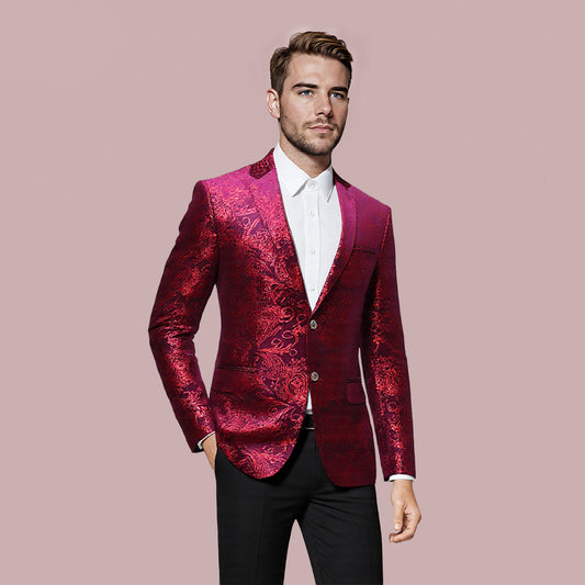 Red Gold # Men's single-breasted floral blazer with notched lapel and center vent, red gold dress sport coat featuring hot stamping floral print for party, prom, wedding, banquet and special occasions, isolated on white background.