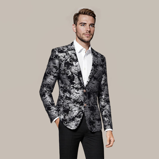 Silver # Men's single-breasted floral blazer with notched lapel and center vent, silver dress sport coat featuring hot stamping floral print for party, wedding, prom, dates and special occasions, isolated on white background.