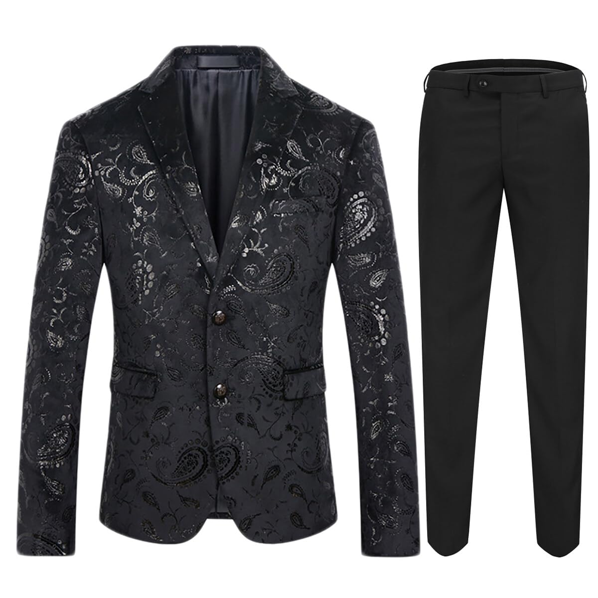 Black # Men's slim fit floral print 2-piece dress suit, single-breasted notched lapel blazer with 2-button closure and center vent, matching straight trousers with floral pattern, stylish black tuxedo for party, wedding, prom and graduation, isolated on white background.