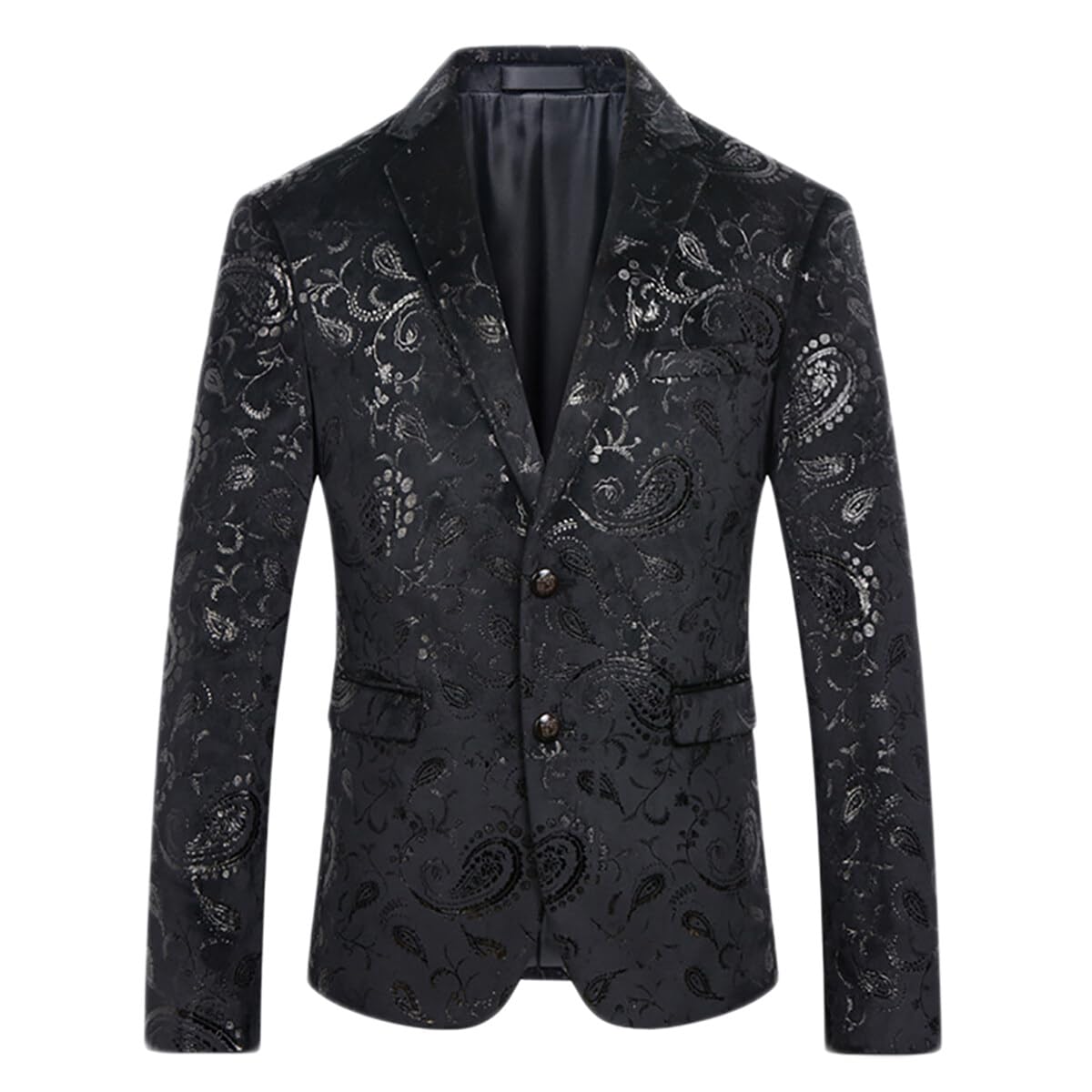 Black # Men's slim fit floral print 2-piece dress suit, single-breasted notched lapel blazer with 2-button closure and center vent, matching straight trousers with floral pattern, stylish black tuxedo for party, wedding, prom and graduation, isolated on white background.