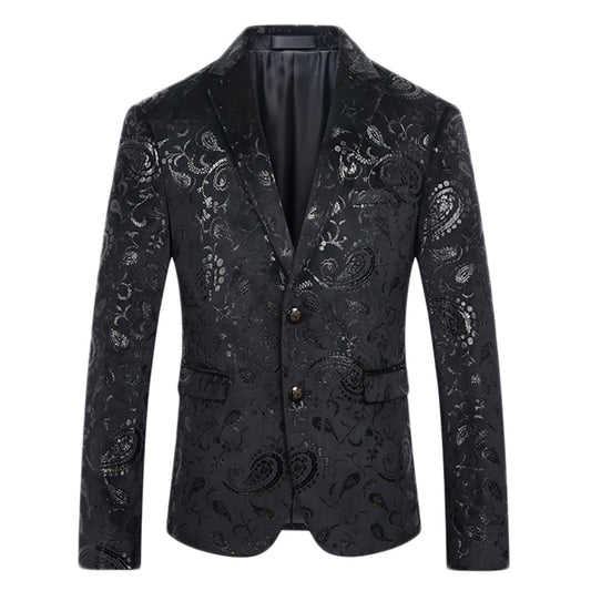 Black # Men's slim fit floral print 2-piece dress suit, single-breasted notched lapel blazer with 2-button closure and center vent, matching straight trousers with floral pattern, stylish black tuxedo for party, wedding, prom and graduation, isolated on white background.