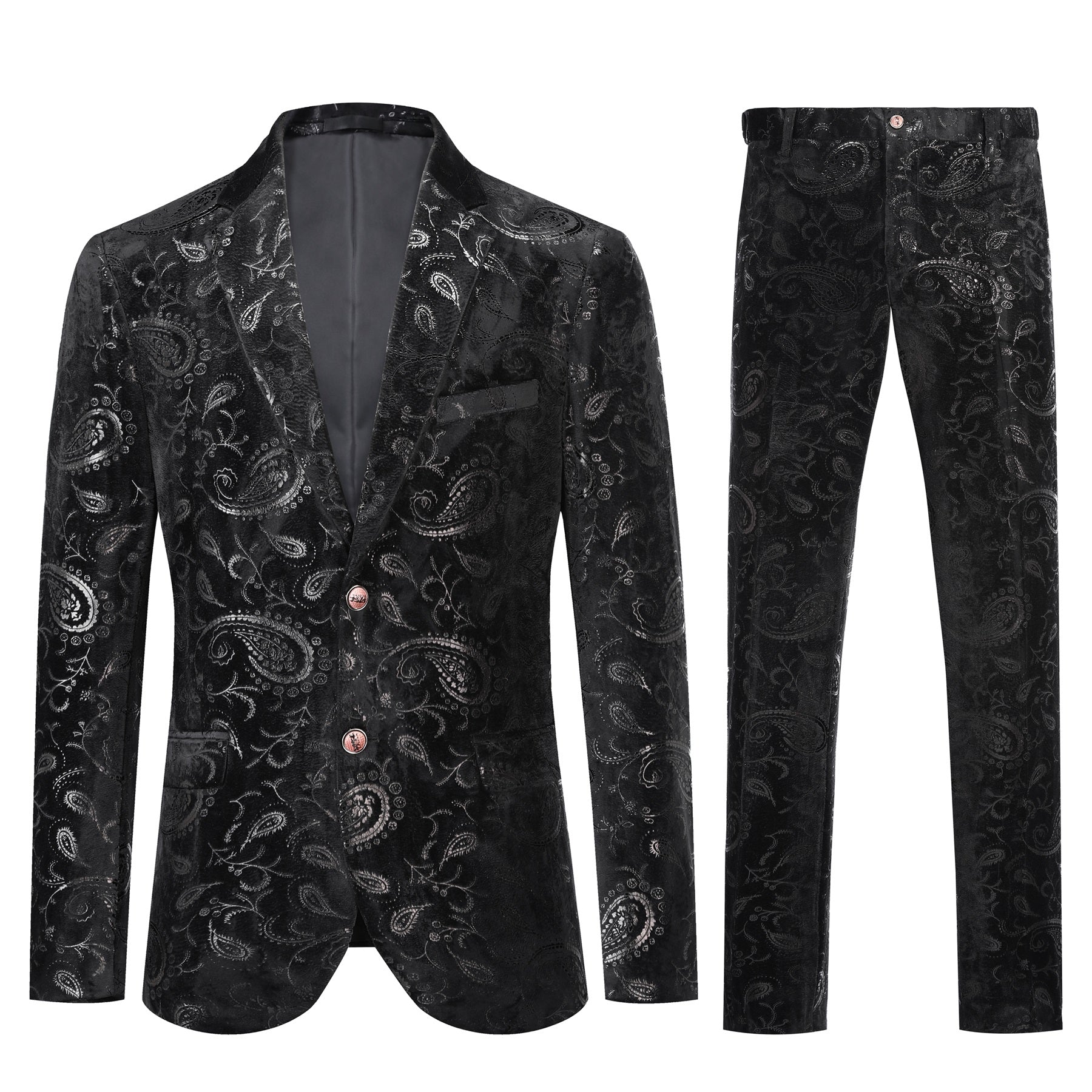 Black # Men's slim fit floral print suit, 2-piece dress blazer jacket with matching flat front pants, notched lapel fully lined formal wear with stylish flower pattern, black wedding suit for prom, party, business and daily office, isolated on white background.