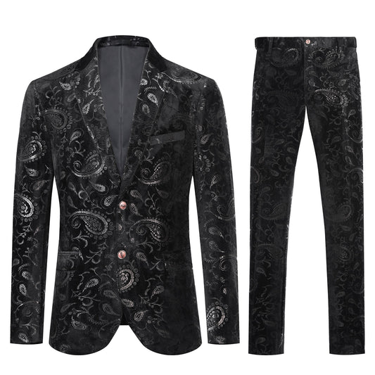 Black # Men's slim fit floral print suit, 2-piece dress blazer jacket with matching flat front pants, notched lapel fully lined formal wear with stylish flower pattern, black wedding suit for prom, party, business and daily office, isolated on white background.