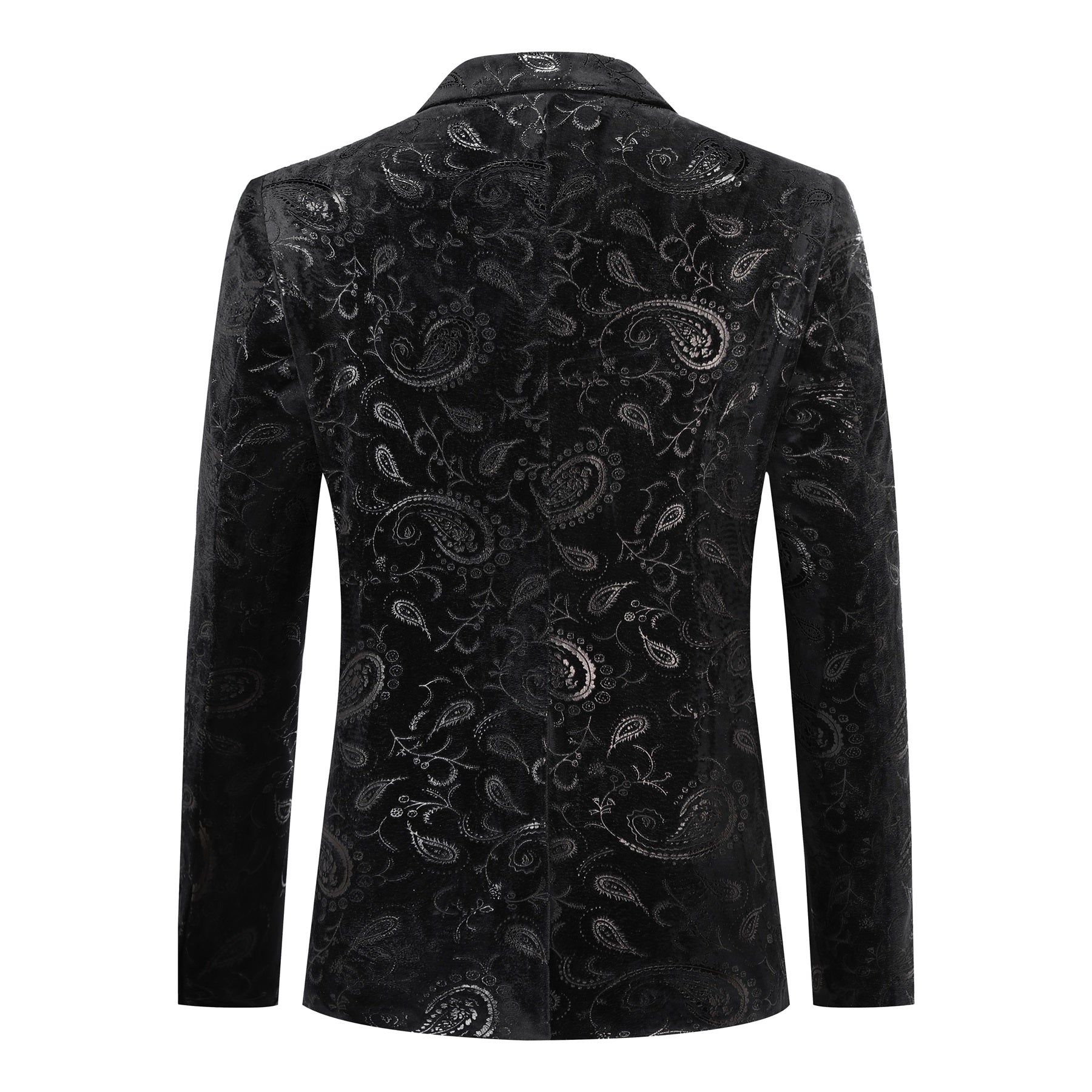Black # Men's slim fit floral print suit, 2-piece dress blazer jacket with matching flat front pants, notched lapel fully lined formal wear with stylish flower pattern, black wedding suit for prom, party, business and daily office, isolated on white background.