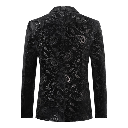 Black # Men's slim fit floral print suit, 2-piece dress blazer jacket with matching flat front pants, notched lapel fully lined formal wear with stylish flower pattern, black wedding suit for prom, party, business and daily office, isolated on white background.