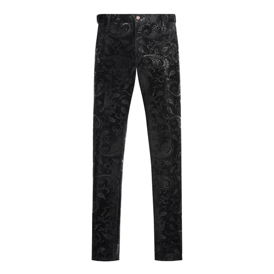 Black # Men's slim fit floral print suit, 2-piece dress blazer jacket with matching flat front pants, notched lapel fully lined formal wear with stylish flower pattern, black wedding suit for prom, party, business and daily office, isolated on white background.