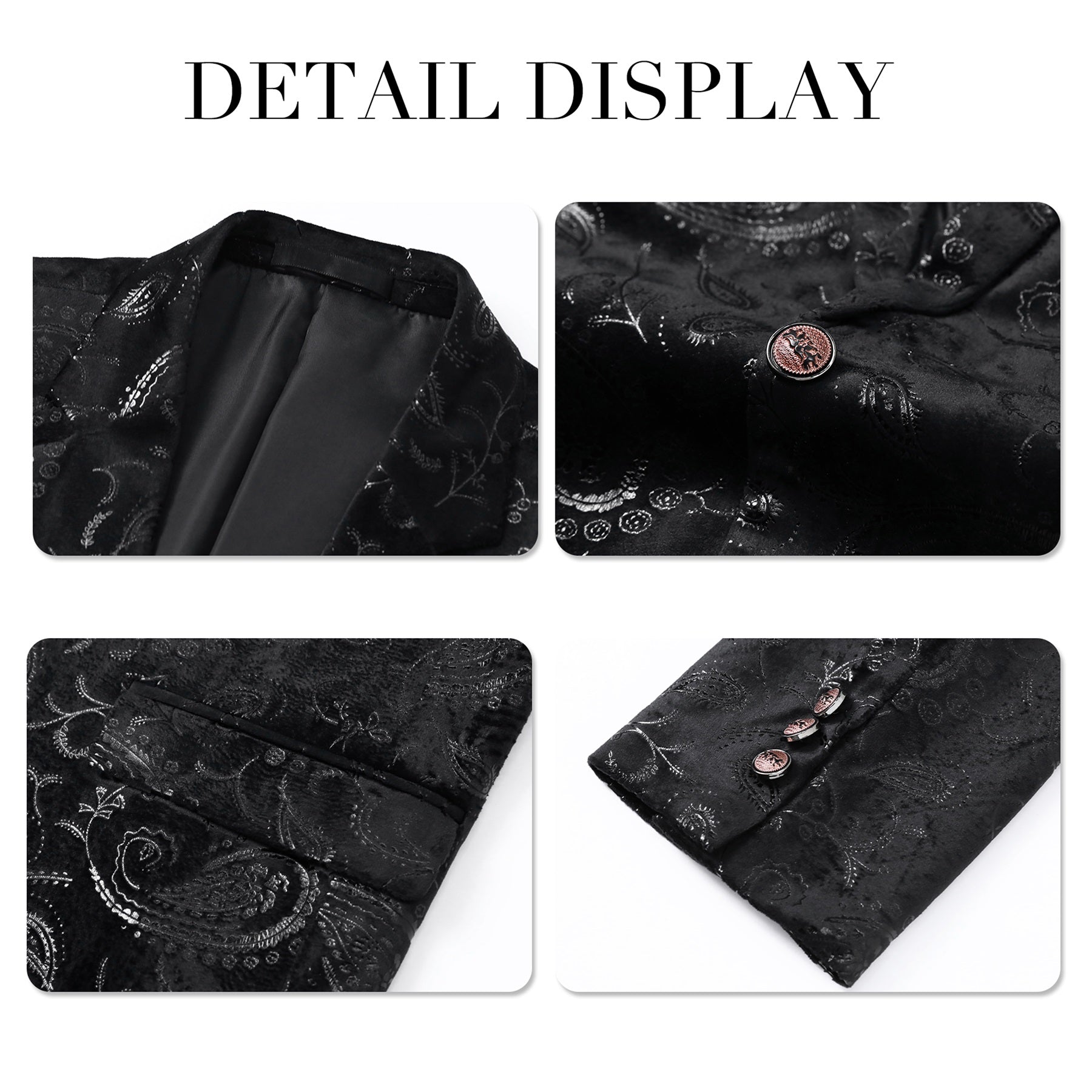 Black # Men's slim fit floral print suit, 2-piece dress blazer jacket with matching flat front pants, notched lapel fully lined formal wear with stylish flower pattern, black wedding suit for prom, party, business and daily office, isolated on white background.