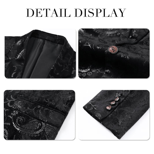 Black # Men's slim fit floral print suit, 2-piece dress blazer jacket with matching flat front pants, notched lapel fully lined formal wear with stylish flower pattern, black wedding suit for prom, party, business and daily office, isolated on white background.