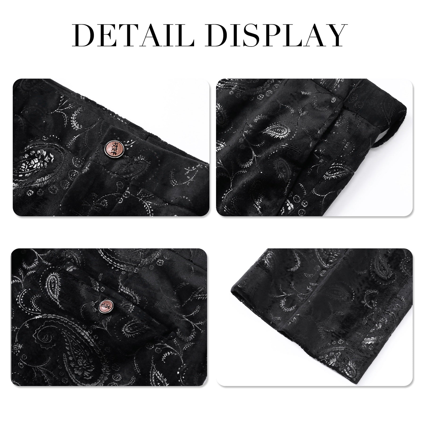 Black # Men's slim fit floral print suit, 2-piece dress blazer jacket with matching flat front pants, notched lapel fully lined formal wear with stylish flower pattern, black wedding suit for prom, party, business and daily office, isolated on white background.