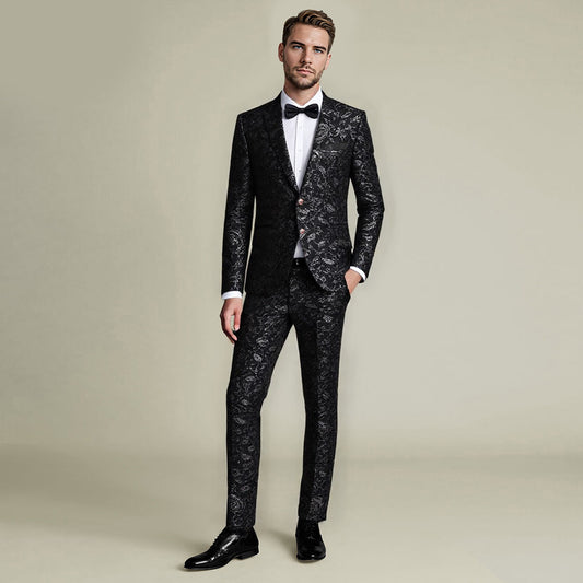Black # Men's slim fit floral print suit, 2-piece dress blazer jacket with matching flat front pants, notched lapel fully lined formal wear with stylish flower pattern, black wedding suit for prom, party, business and daily office, isolated on white background.