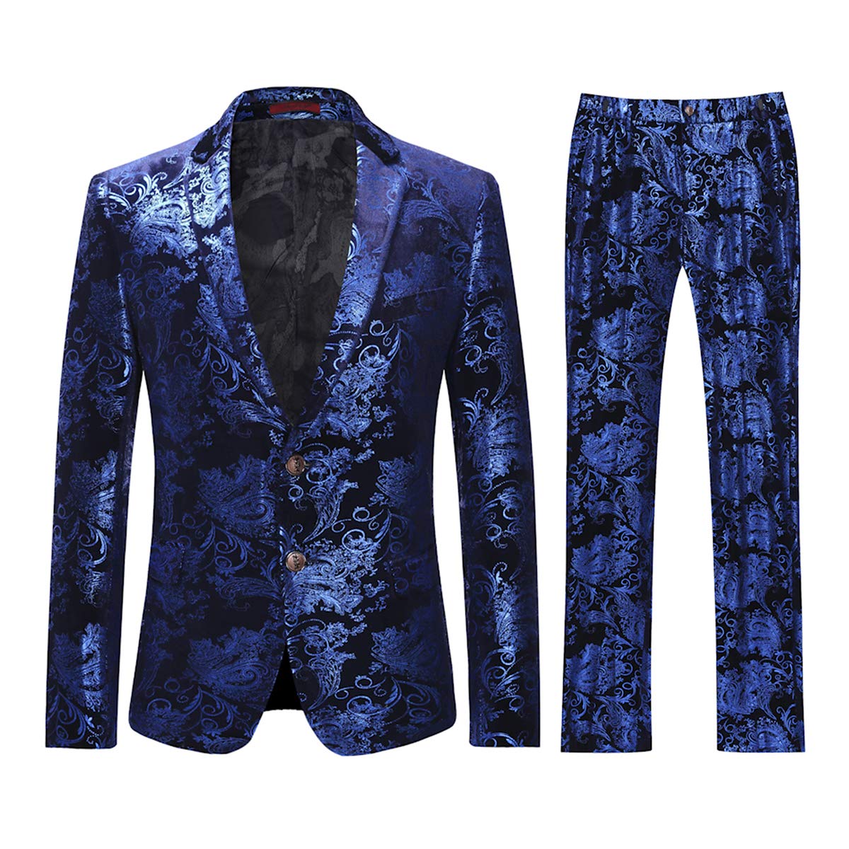 Blue # Men's slim fit 2-piece floral suit with notched lapel and single-breasted button closure, blue patterned dress blazer jacket with fully lined interior and matching flat-front trousers with adjustable waist for wedding, party, prom and daily wear, isolated on white background.