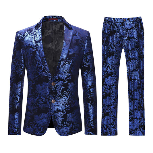 Blue # Men's slim fit 2-piece floral suit with notched lapel and single-breasted button closure, blue patterned dress blazer jacket with fully lined interior and matching flat-front trousers with adjustable waist for wedding, party, prom and daily wear, isolated on white background.