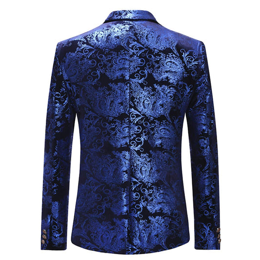 Blue # Men's slim fit 2-piece floral suit with notched lapel and single-breasted button closure, blue patterned dress blazer jacket with fully lined interior and matching flat-front trousers with adjustable waist for wedding, party, prom and daily wear, isolated on white background.