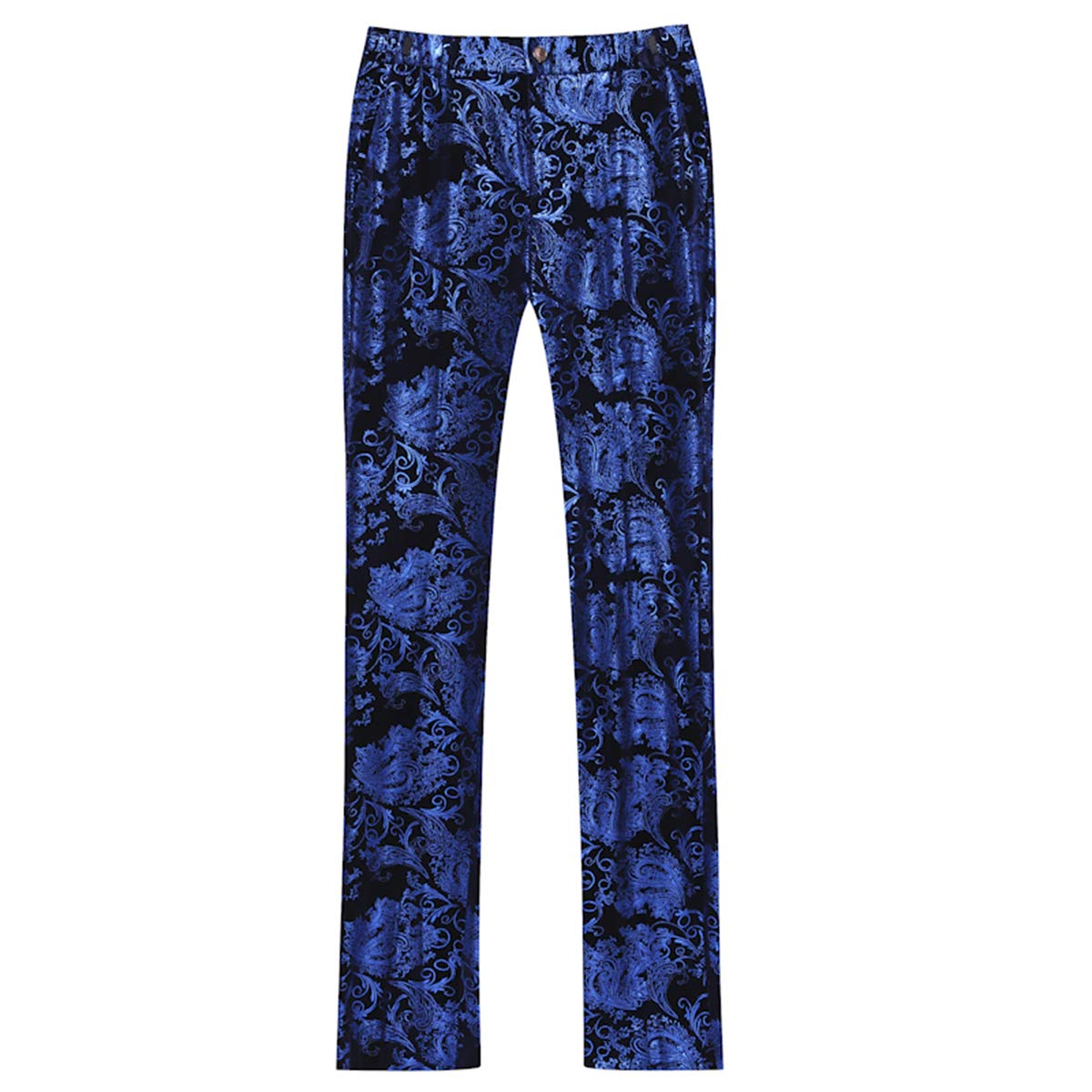 Blue # Men's slim fit 2-piece floral suit with notched lapel and single-breasted button closure, blue patterned dress blazer jacket with fully lined interior and matching flat-front trousers with adjustable waist for wedding, party, prom and daily wear, isolated on white background.