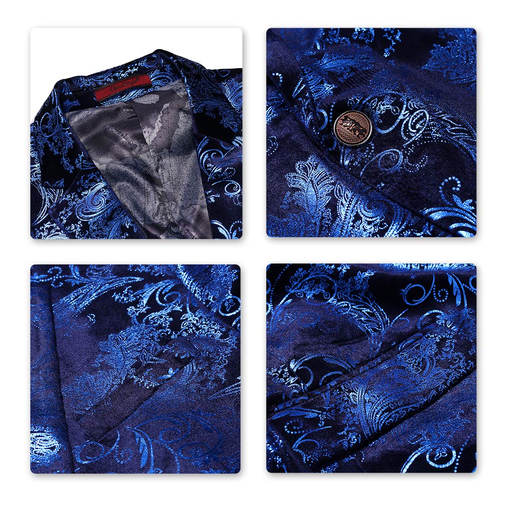 Blue # Men's slim fit 2-piece floral suit with notched lapel and single-breasted button closure, blue patterned dress blazer jacket with fully lined interior and matching flat-front trousers with adjustable waist for wedding, party, prom and daily wear, isolated on white background.
