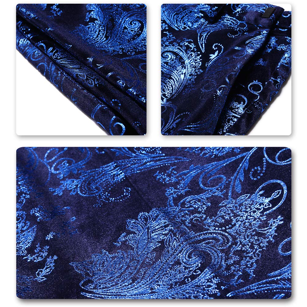 Blue # Men's slim fit 2-piece floral suit with notched lapel and single-breasted button closure, blue patterned dress blazer jacket with fully lined interior and matching flat-front trousers with adjustable waist for wedding, party, prom and daily wear, isolated on white background.