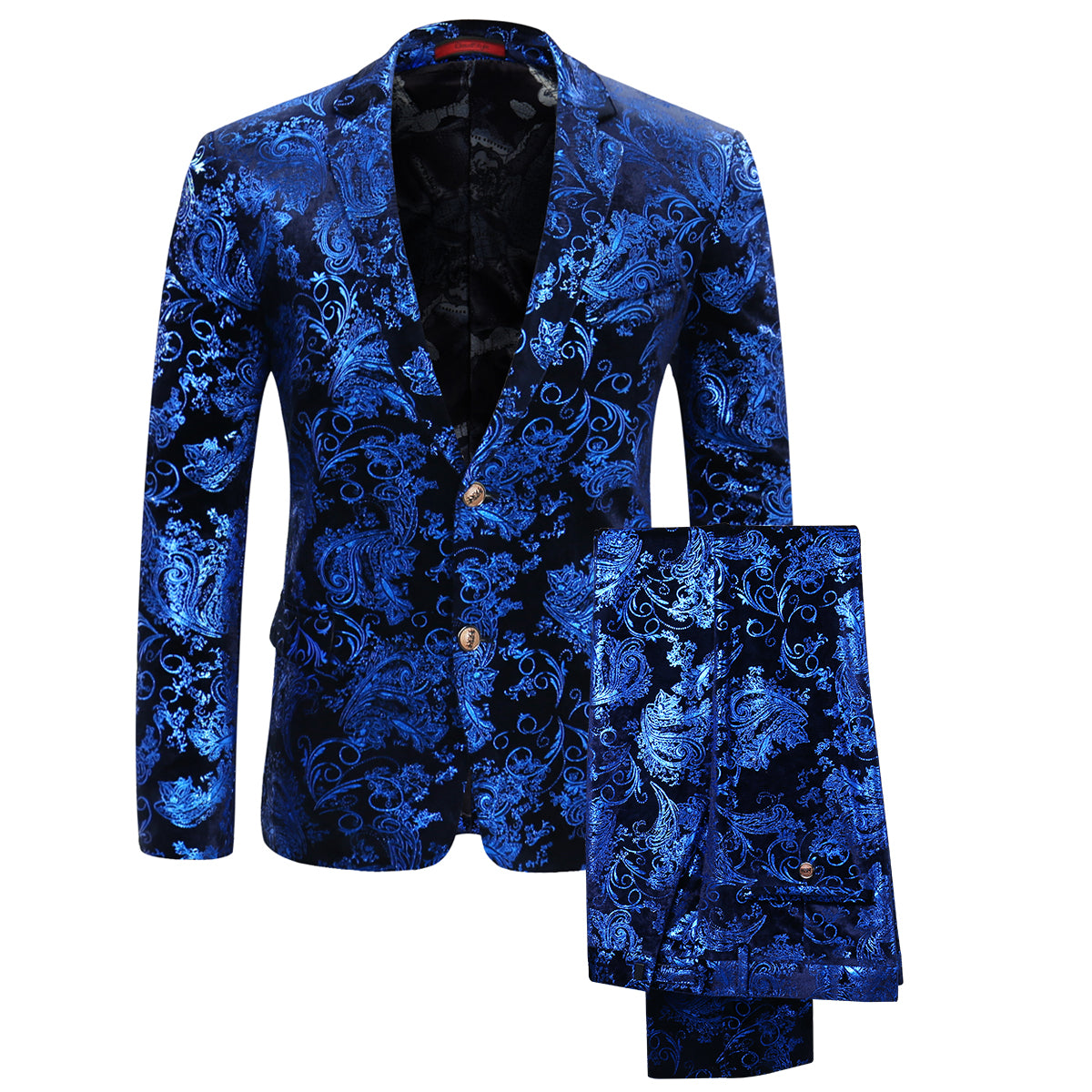 Blue # Men's slim fit 2-piece floral suit with notched lapel and single-breasted button closure, blue patterned dress blazer jacket with fully lined interior and matching flat-front trousers with adjustable waist for wedding, party, prom and daily wear, isolated on white background.