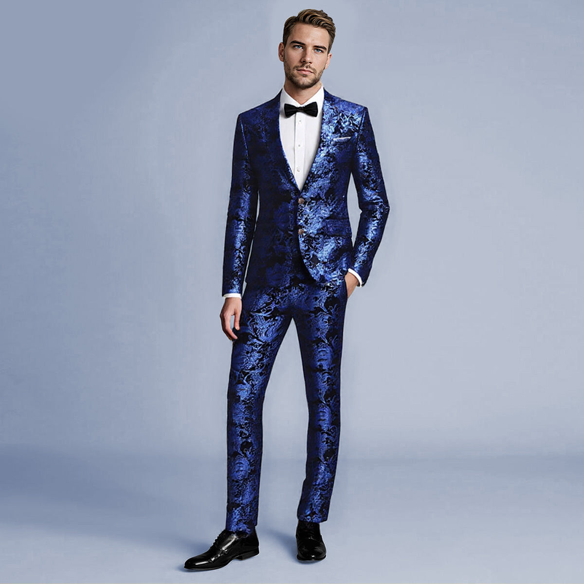 Blue # Men's slim fit 2-piece floral suit with notched lapel and single-breasted button closure, blue patterned dress blazer jacket with fully lined interior and matching flat-front trousers with adjustable waist for wedding, party, prom and daily wear, isolated on white background.