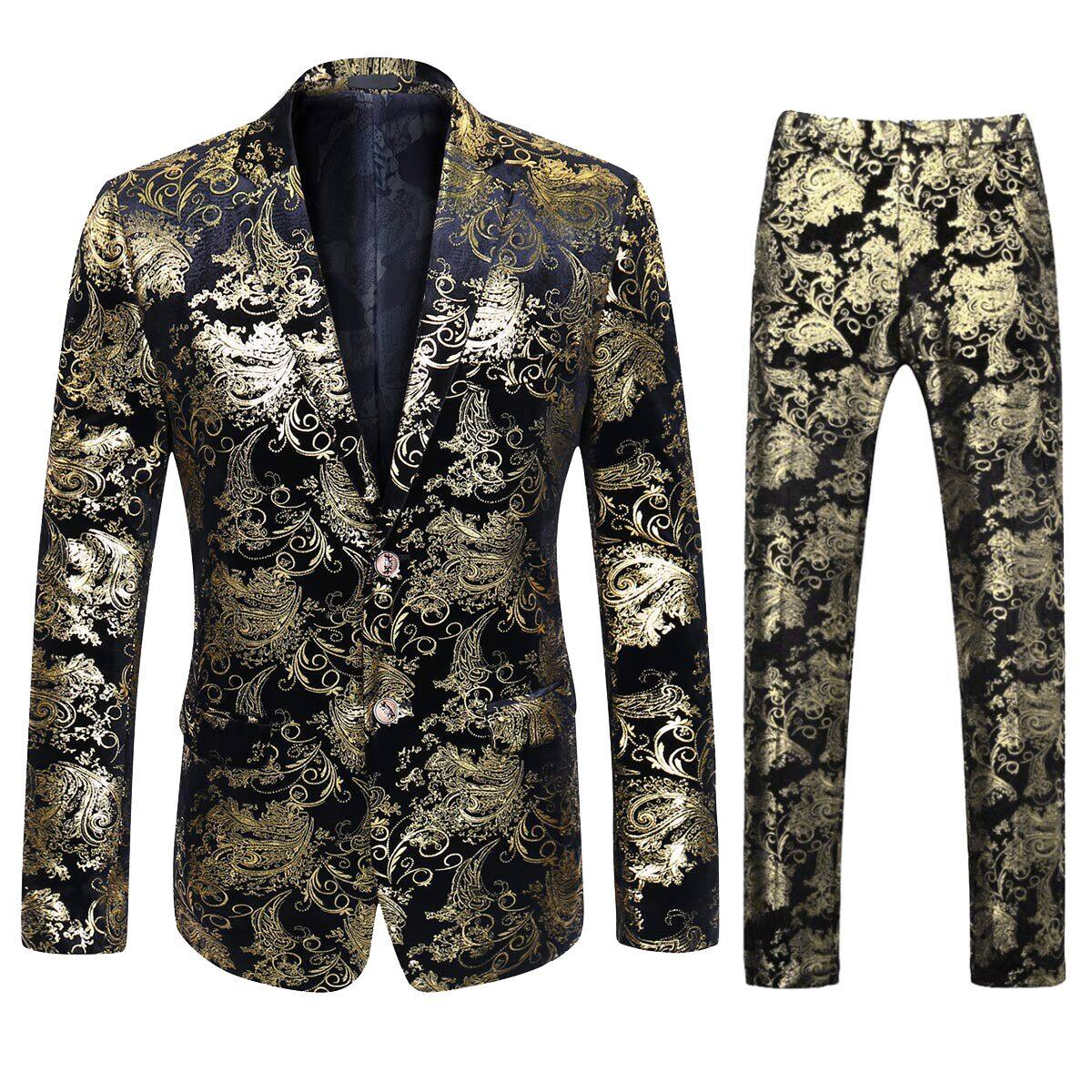Gold # Men's slim fit 2-piece stylish dress floral suit with notched lapel and button closure, gold floral print blazer jacket fully lined with matching flat-front trousers with extended waist strap for wedding, party, prom and formal occasions, isolated on white background.