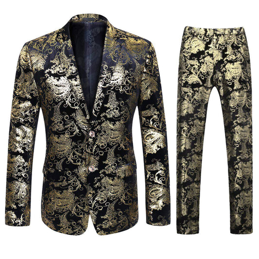 Gold # Men's slim fit 2-piece stylish dress floral suit with notched lapel and button closure, gold floral print blazer jacket fully lined with matching flat-front trousers with extended waist strap for wedding, party, prom and formal occasions, isolated on white background.