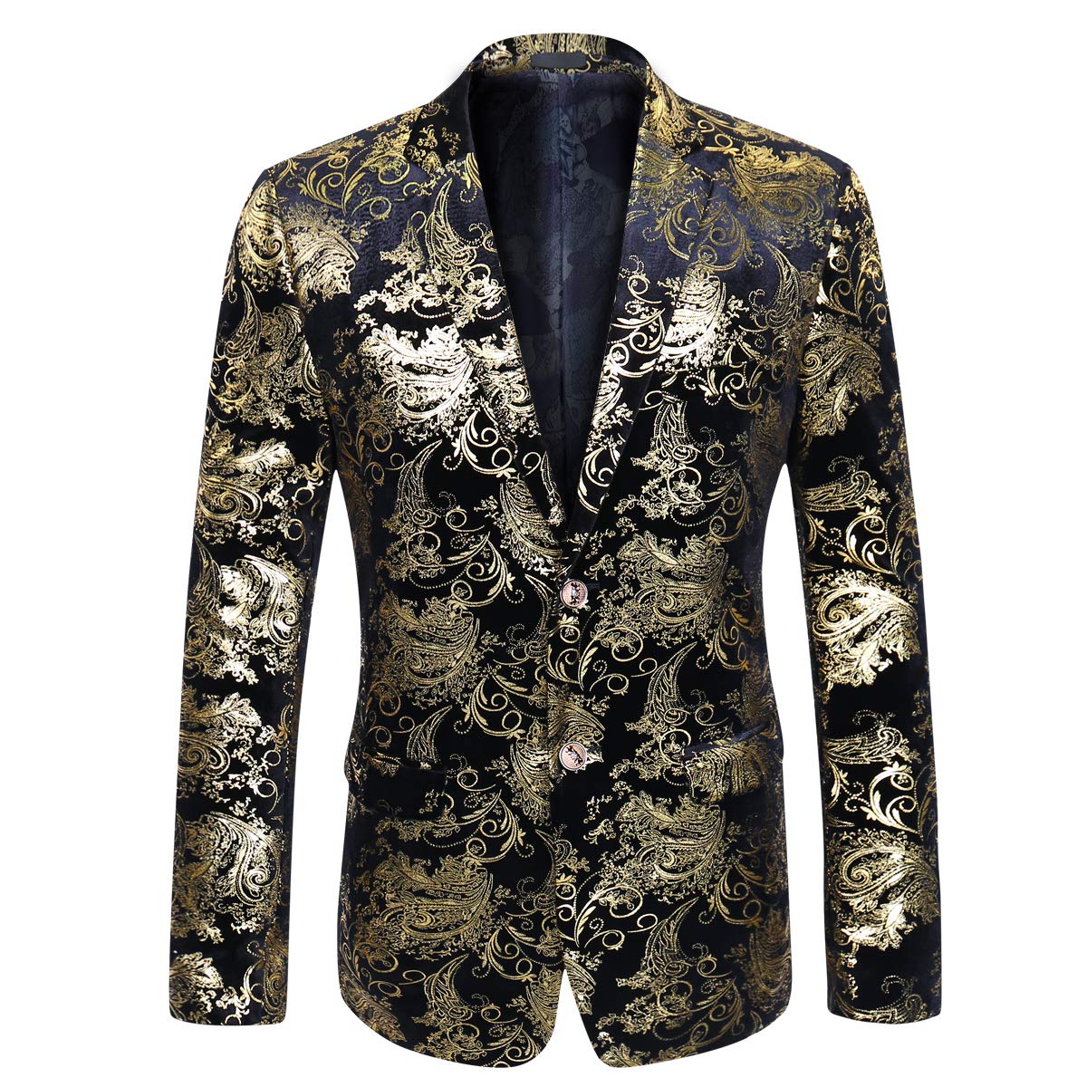 Gold # Men's slim fit 2-piece stylish dress floral suit with notched lapel and button closure, gold floral print blazer jacket fully lined with matching flat-front trousers with extended waist strap for wedding, party, prom and formal occasions, isolated on white background.