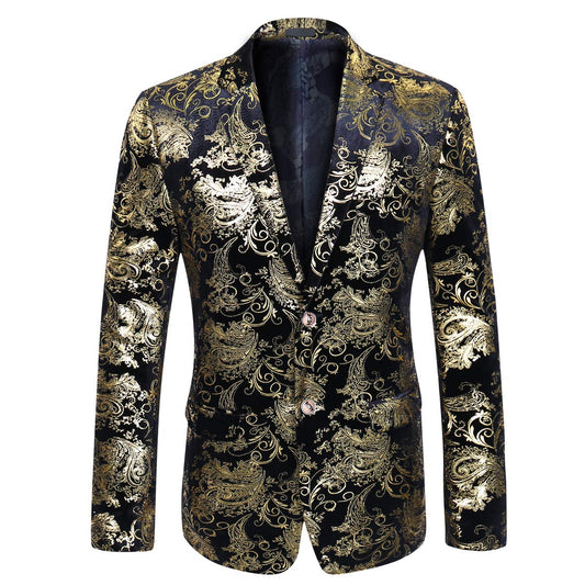 Gold # Men's slim fit 2-piece stylish dress floral suit with notched lapel and button closure, gold floral print blazer jacket fully lined with matching flat-front trousers with extended waist strap for wedding, party, prom and formal occasions, isolated on white background.