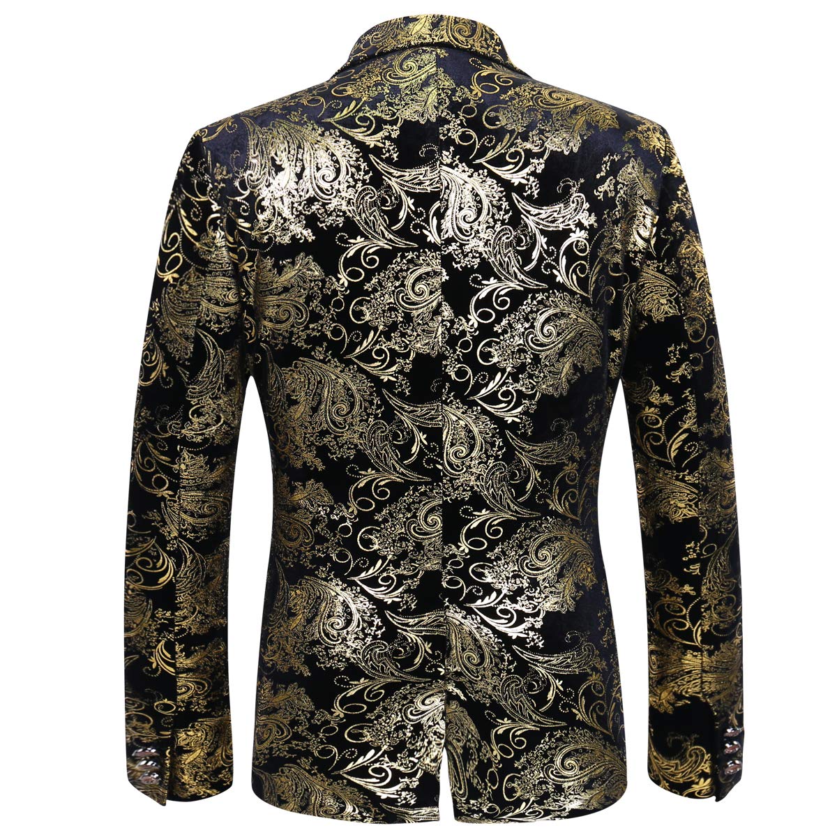 Gold # Men's slim fit 2-piece stylish dress floral suit with notched lapel and button closure, gold floral print blazer jacket fully lined with matching flat-front trousers with extended waist strap for wedding, party, prom and formal occasions, isolated on white background.