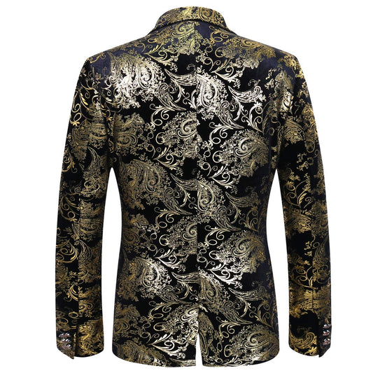Gold # Men's slim fit 2-piece stylish dress floral suit with notched lapel and button closure, gold floral print blazer jacket fully lined with matching flat-front trousers with extended waist strap for wedding, party, prom and formal occasions, isolated on white background.