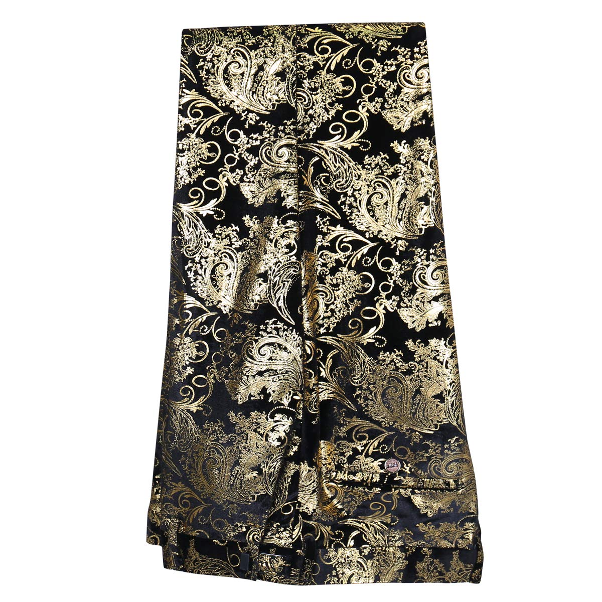 Gold # Men's slim fit 2-piece stylish dress floral suit with notched lapel and button closure, gold floral print blazer jacket fully lined with matching flat-front trousers with extended waist strap for wedding, party, prom and formal occasions, isolated on white background.