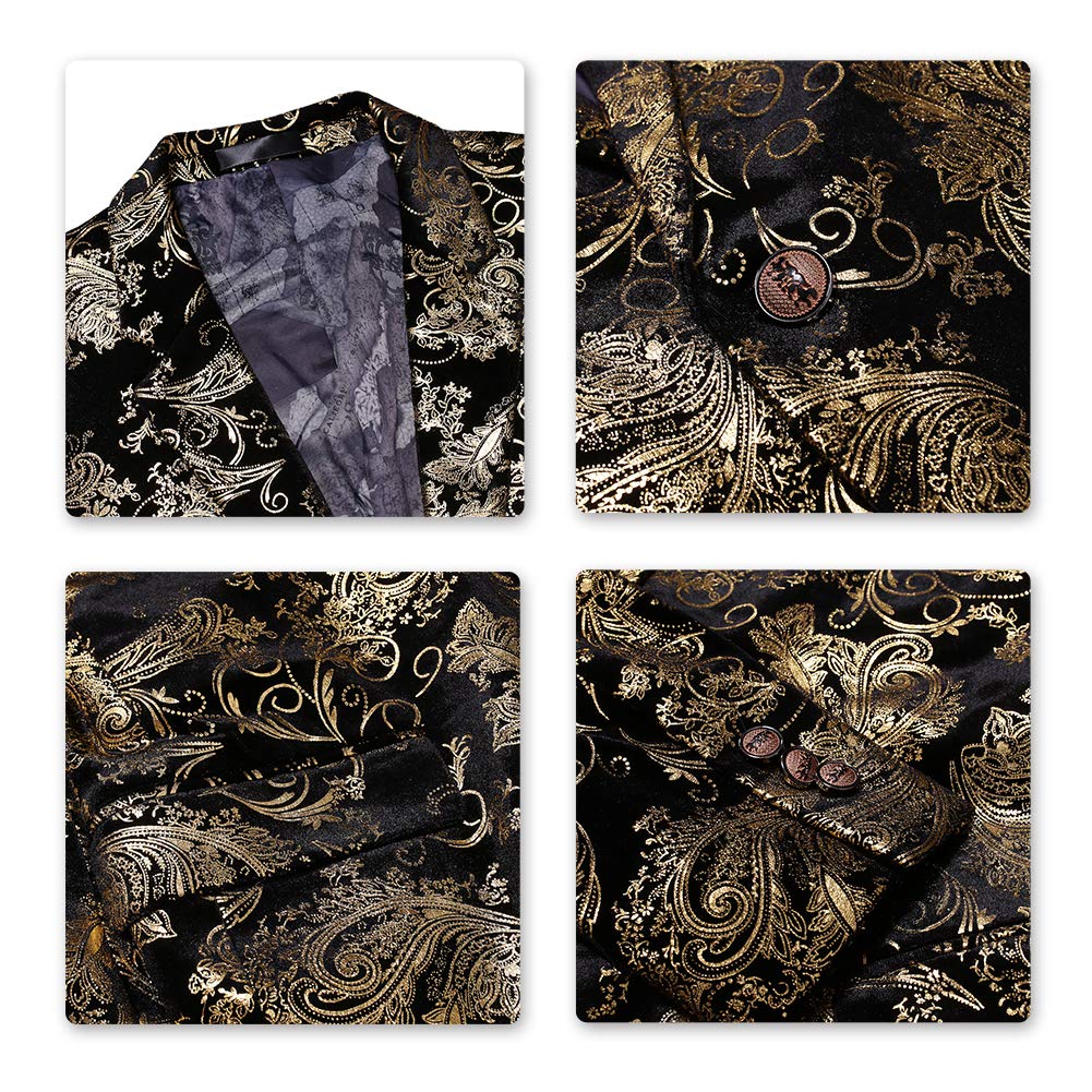 Gold # Men's slim fit 2-piece stylish dress floral suit with notched lapel and button closure, gold floral print blazer jacket fully lined with matching flat-front trousers with extended waist strap for wedding, party, prom and formal occasions, isolated on white background.