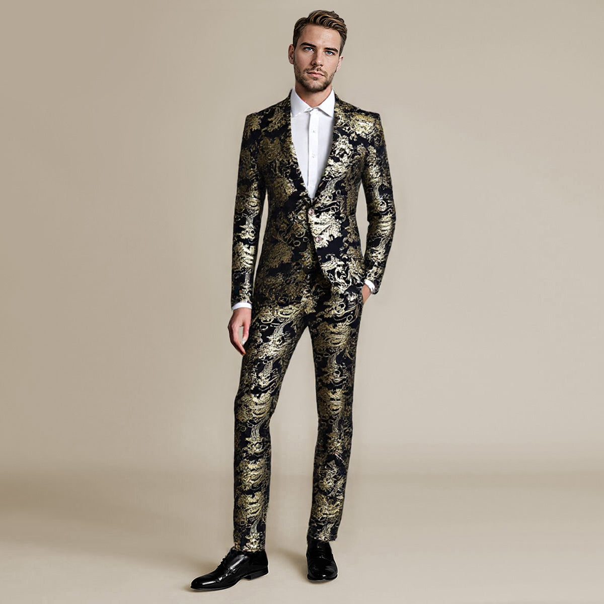 Gold # Men's slim fit 2-piece stylish dress floral suit with notched lapel and button closure, gold floral print blazer jacket fully lined with matching flat-front trousers with extended waist strap for wedding, party, prom and formal occasions, isolated on white background.