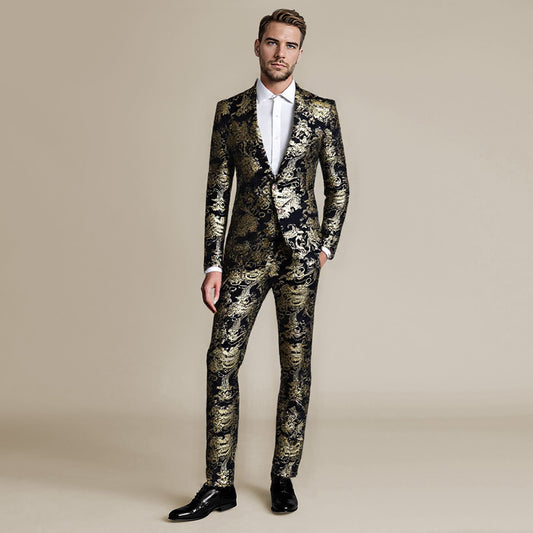 Gold # Men's slim fit 2-piece stylish dress floral suit with notched lapel and button closure, gold floral print blazer jacket fully lined with matching flat-front trousers with extended waist strap for wedding, party, prom and formal occasions, isolated on white background.
