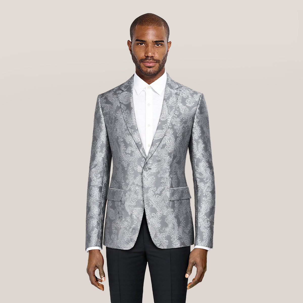 Grey # Men's one-button dark pattern blazer with notched lapel and single-breasted closure, grey palace print sport coat jacket with center back vent and hot stamping detailing for party, prom, banquet, show and special occasions, isolated on white background.