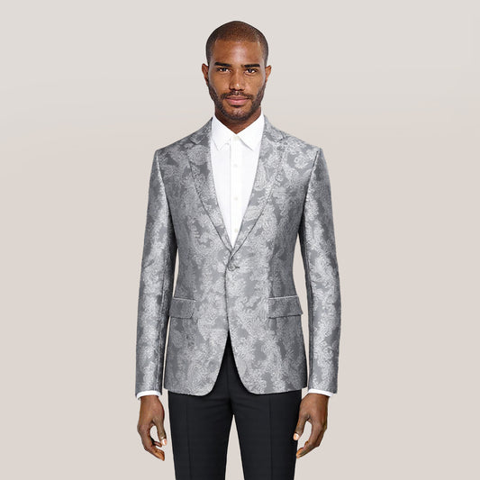 Grey # Men's one-button dark pattern blazer with notched lapel and single-breasted closure, grey palace print sport coat jacket with center back vent and hot stamping detailing for party, prom, banquet, show and special occasions, isolated on white background.