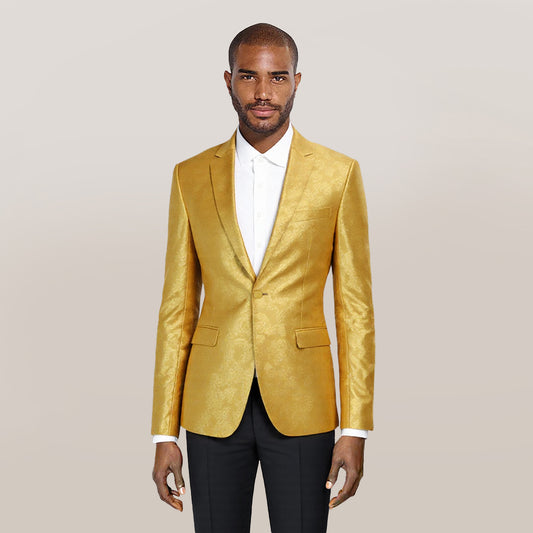 Yellow # Men's one-button dark pattern blazer with notched lapel and single-breasted closure, yellow palace print sport coat jacket with center back vent and hot stamping detailing for party, prom, banquet, show and special occasions, isolated on white background.