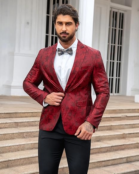 Red # Men's single-breasted one-button blazer with notched lapel and center vent, palace dark patterned red sport coat jacket featuring hot stamping printing process for party, prom, banquet, show and special occasions, isolated on white background.